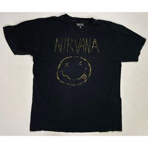 Nirvana Logo T-shirt Men Large Black Yellow Short Sleeve Music Graphic